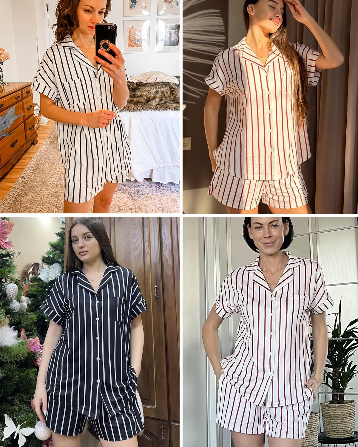 imageEkouaer Womens Button Down Pajamas Set 2 Piece Sleepwear Short Sleeve Pjs Soft Stripe Lounge SetsBlack White Stripe