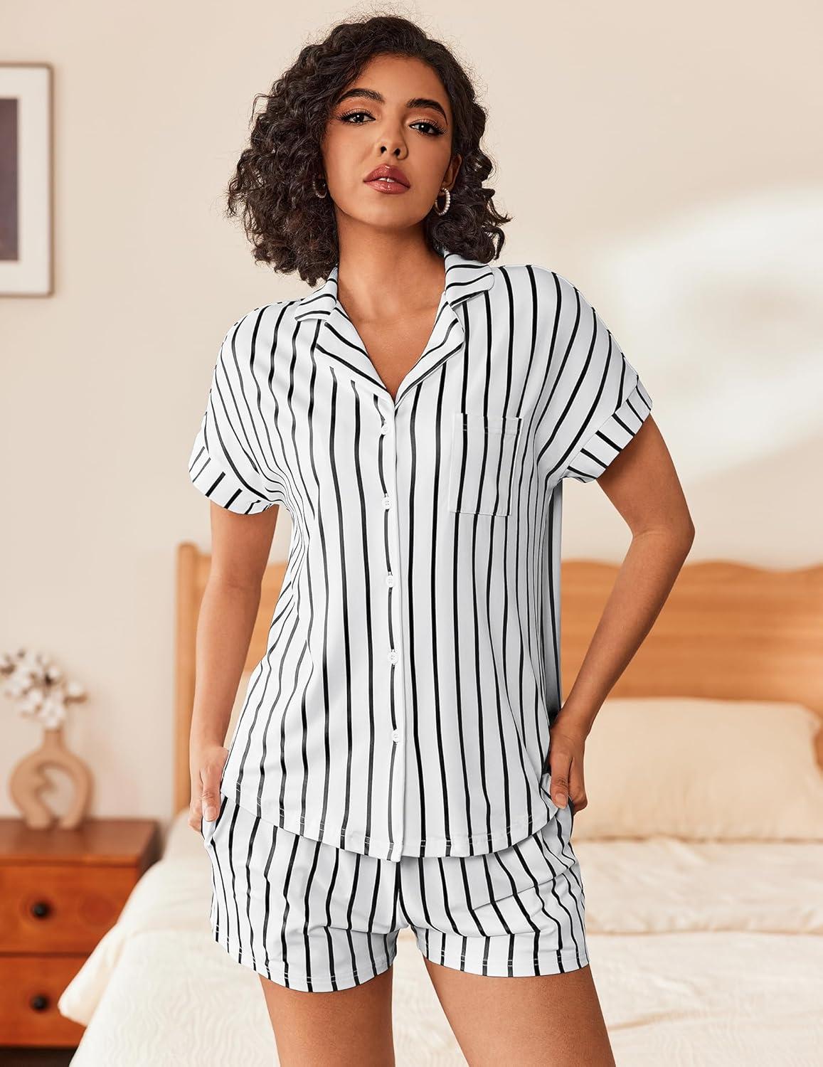 imageEkouaer Womens Button Down Pajamas Set 2 Piece Sleepwear Short Sleeve Pjs Soft Stripe Lounge SetsBlack White Stripe