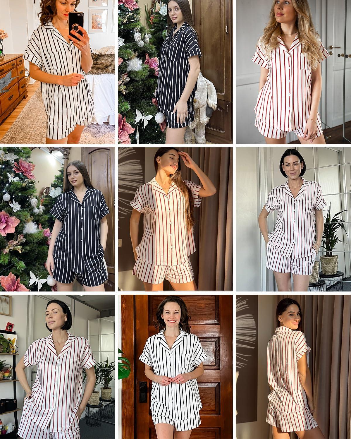 imageEkouaer Womens Button Down Pajamas Set 2 Piece Sleepwear Short Sleeve Pjs Soft Stripe Lounge SetsBlue