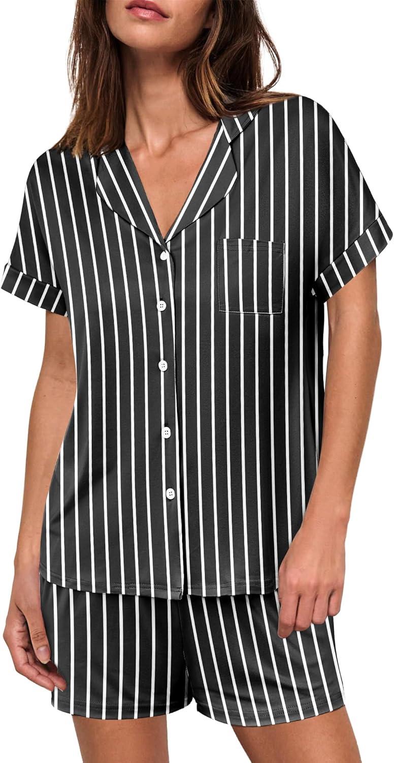 imageEkouaer Womens Button Down Pajamas Set 2 Piece Sleepwear Short Sleeve Pjs Soft Stripe Lounge SetsWhite Black Stripe
