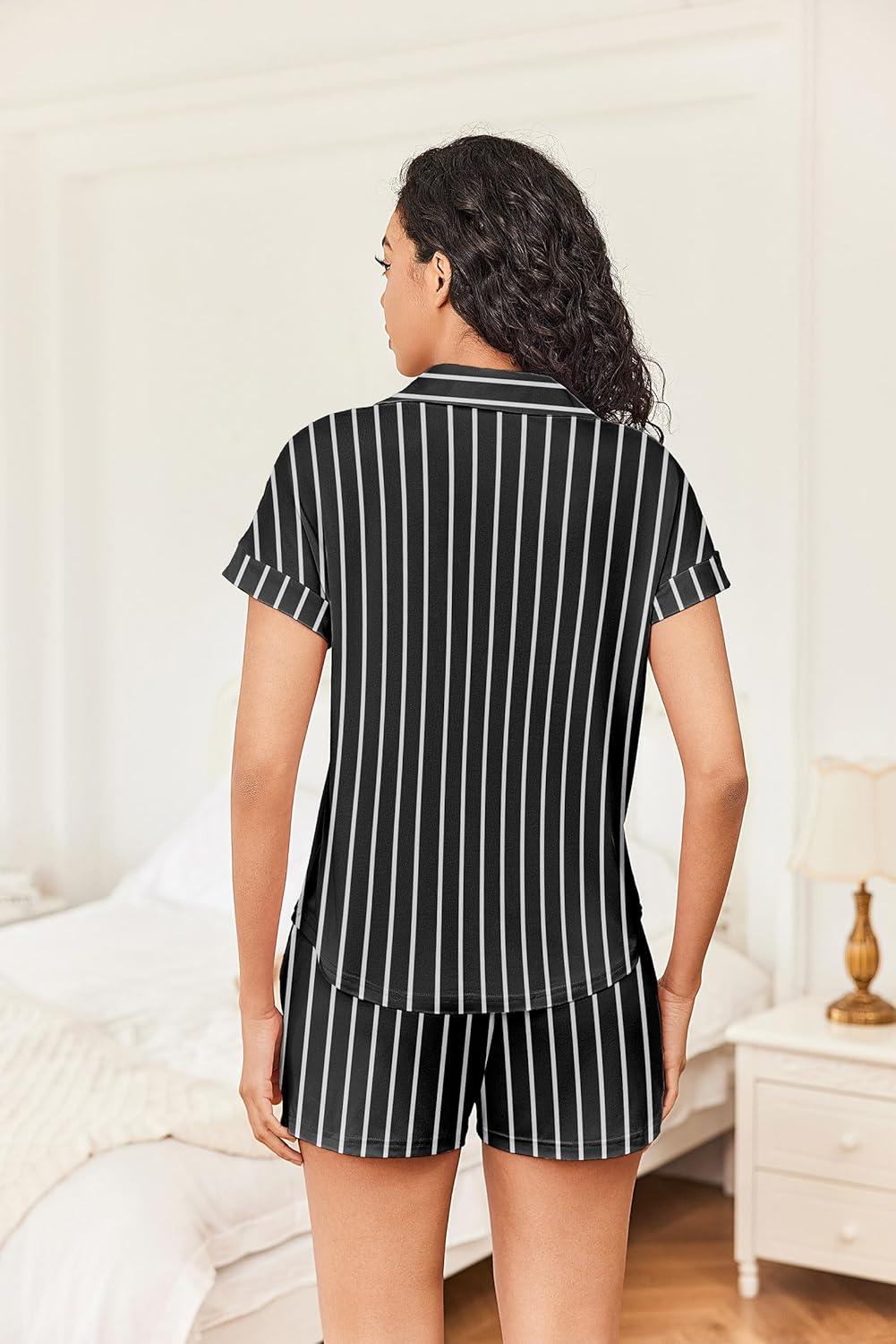 imageEkouaer Womens Button Down Pajamas Set 2 Piece Sleepwear Short Sleeve Pjs Soft Stripe Lounge SetsWhite Black Stripe
