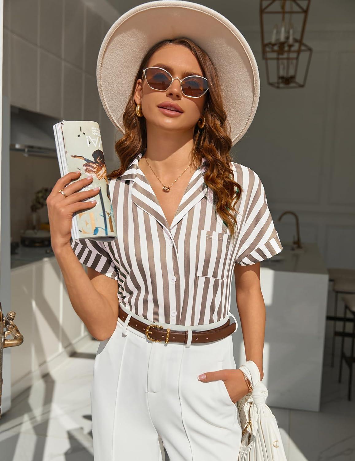 imageEkouaer Womens Button Down Pajamas Set 2 Piece Sleepwear Short Sleeve Pjs Soft Stripe Lounge SetsYellow White Stripe