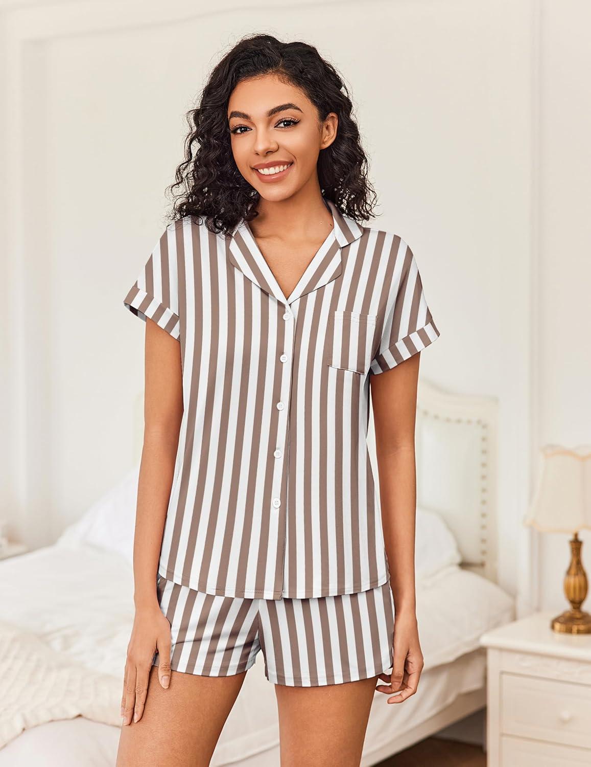 imageEkouaer Womens Button Down Pajamas Set 2 Piece Sleepwear Short Sleeve Pjs Soft Stripe Lounge SetsYellow White Stripe