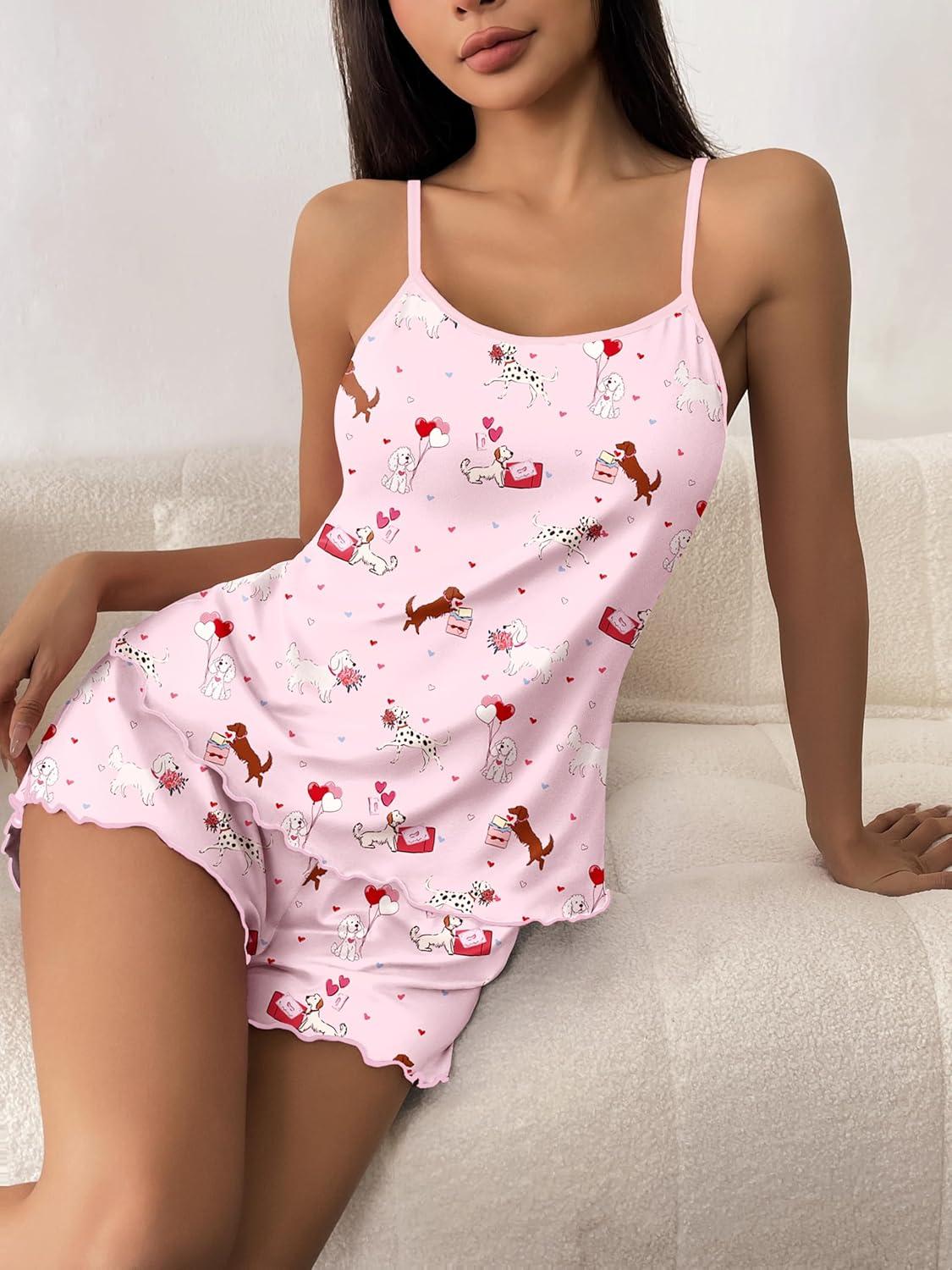 imageEkouaer Womens Cami Pajama Sets 2 Piece Cute Print Pjs Soft Tank Top amp Elastic Waist Shorts Camisole Lounge SetPink Dogs