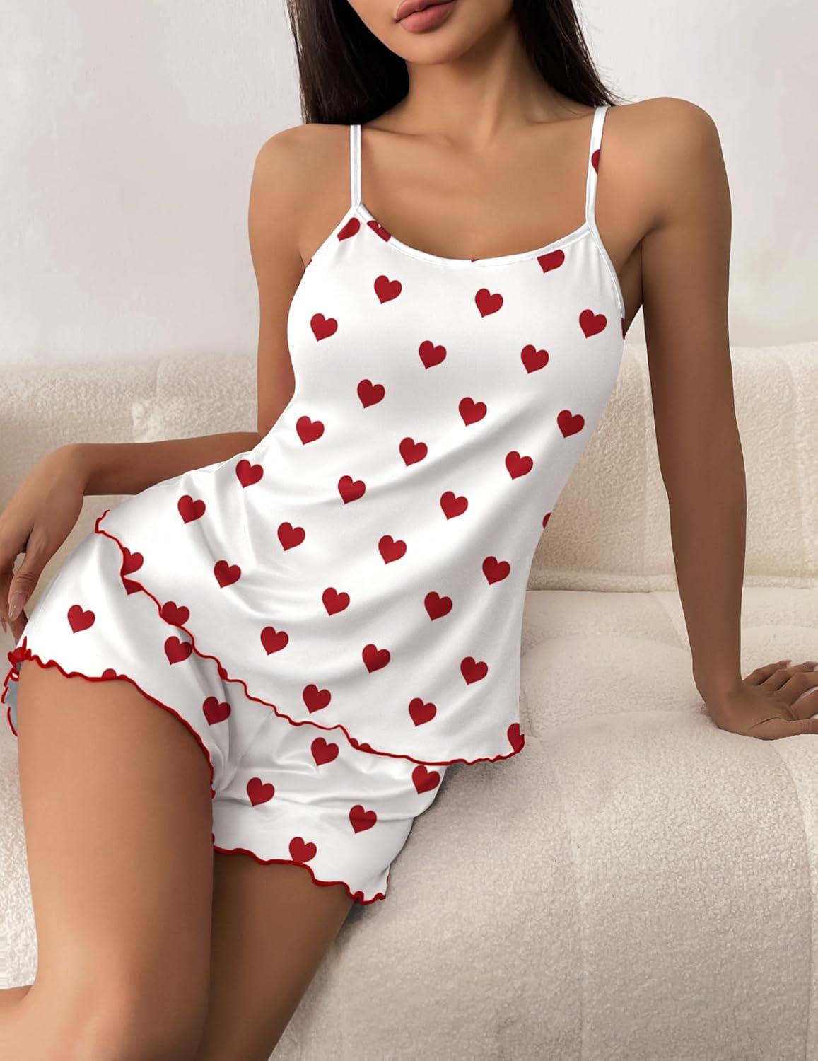 imageEkouaer Womens Cami Pajama Sets 2 Piece Cute Print Pjs Soft Tank Top amp Elastic Waist Shorts Camisole Lounge SetRed Heart