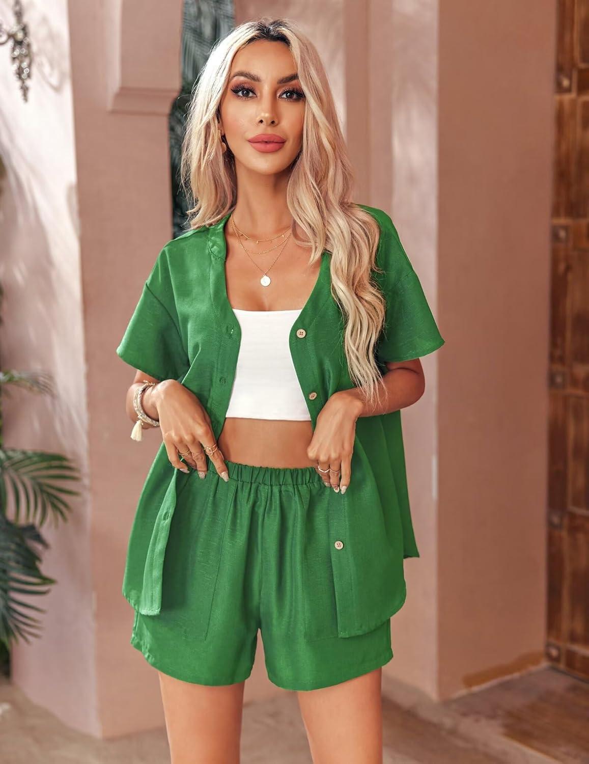 imageEkouaer Womens Hawaiian 2 Piece Outfit Short Sleeve Button Down Shirt and Shorts Tracksuit Lounge SetGreen