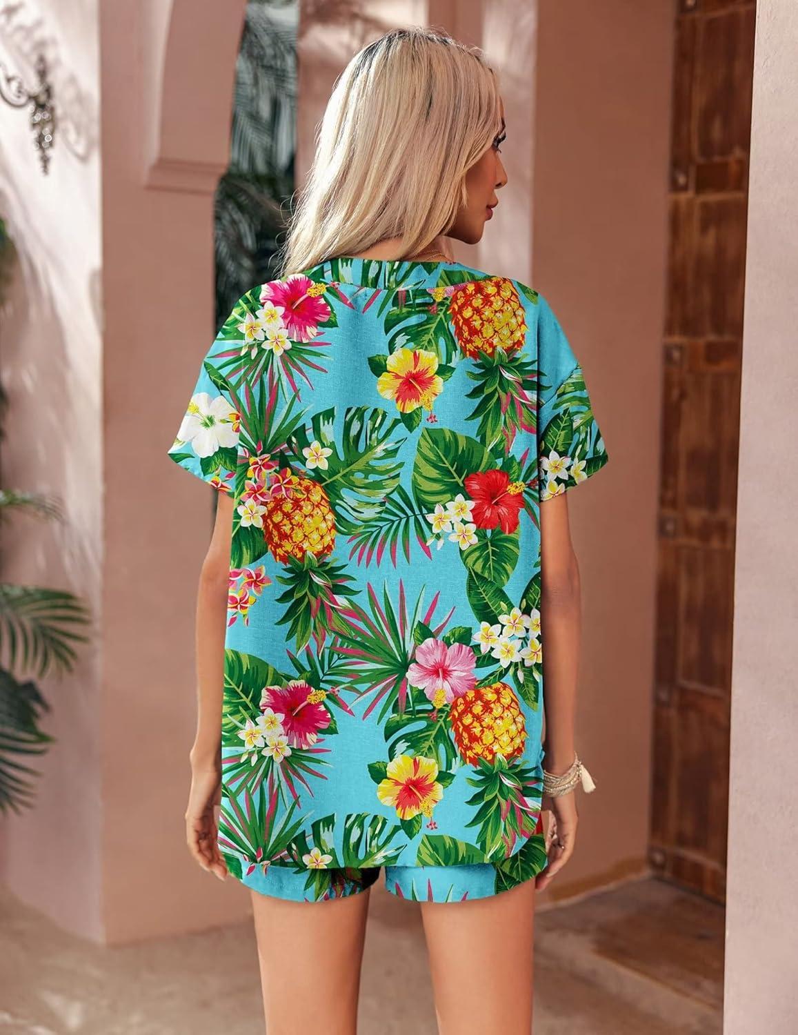 imageEkouaer Womens Hawaiian 2 Piece Outfit Short Sleeve Button Down Shirt and Shorts Tracksuit Lounge SetPineapple Turquoise