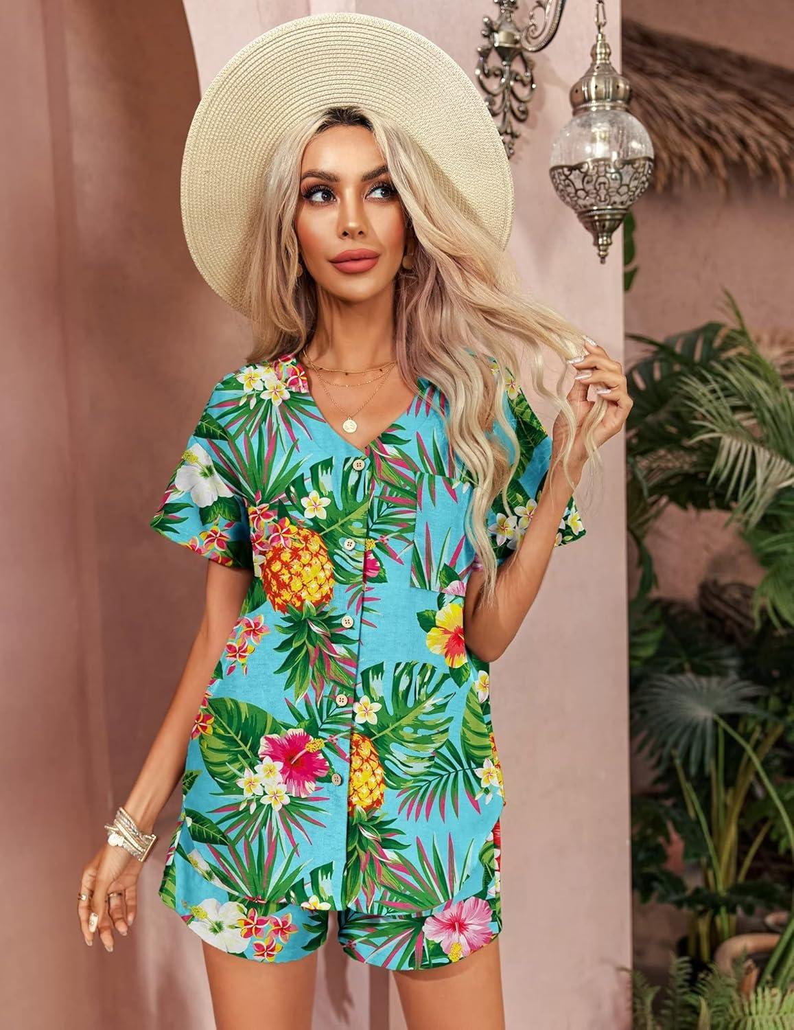 imageEkouaer Womens Hawaiian 2 Piece Outfit Short Sleeve Button Down Shirt and Shorts Tracksuit Lounge SetPineapple Turquoise