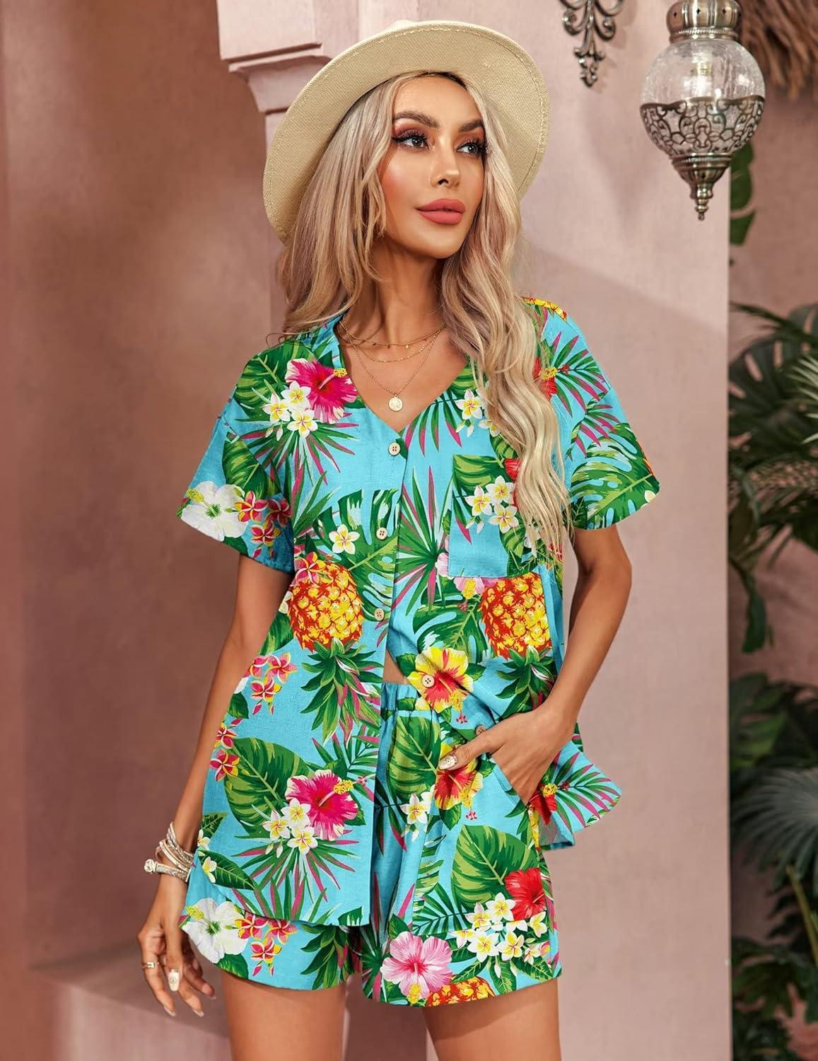imageEkouaer Womens Hawaiian 2 Piece Outfit Short Sleeve Button Down Shirt and Shorts Tracksuit Lounge SetPineapple Turquoise