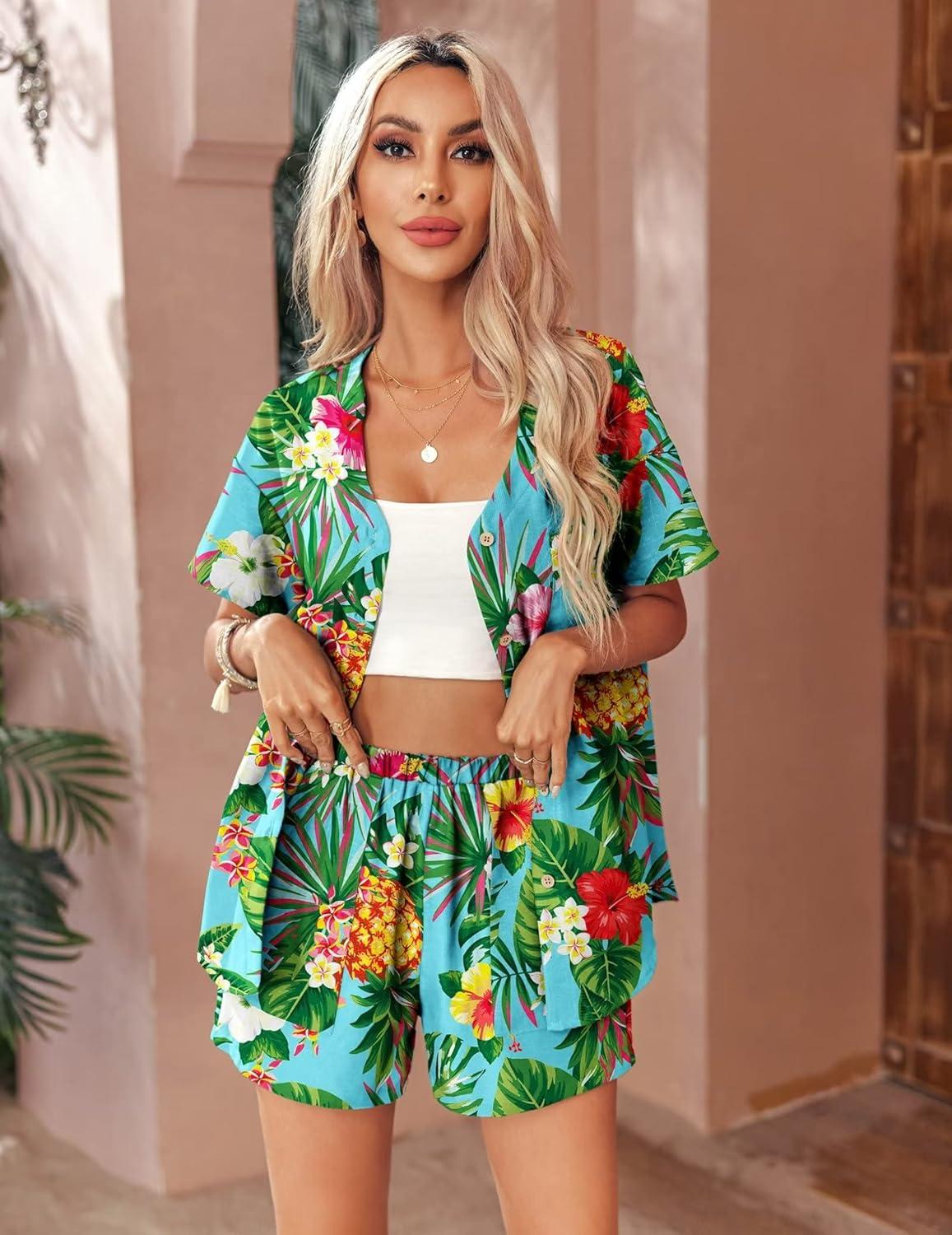 imageEkouaer Womens Hawaiian 2 Piece Outfit Short Sleeve Button Down Shirt and Shorts Tracksuit Lounge SetPineapple Turquoise
