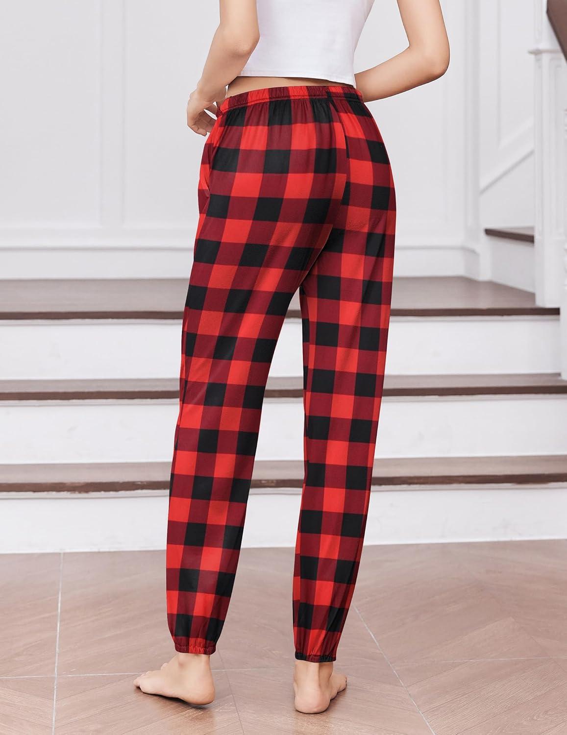 imageEkouaer Womens Jogger Pajamas Pants Comfy Long Lounge BottomDrawstring Elastic Waist Sleep Pants with PocketsAred Plaid