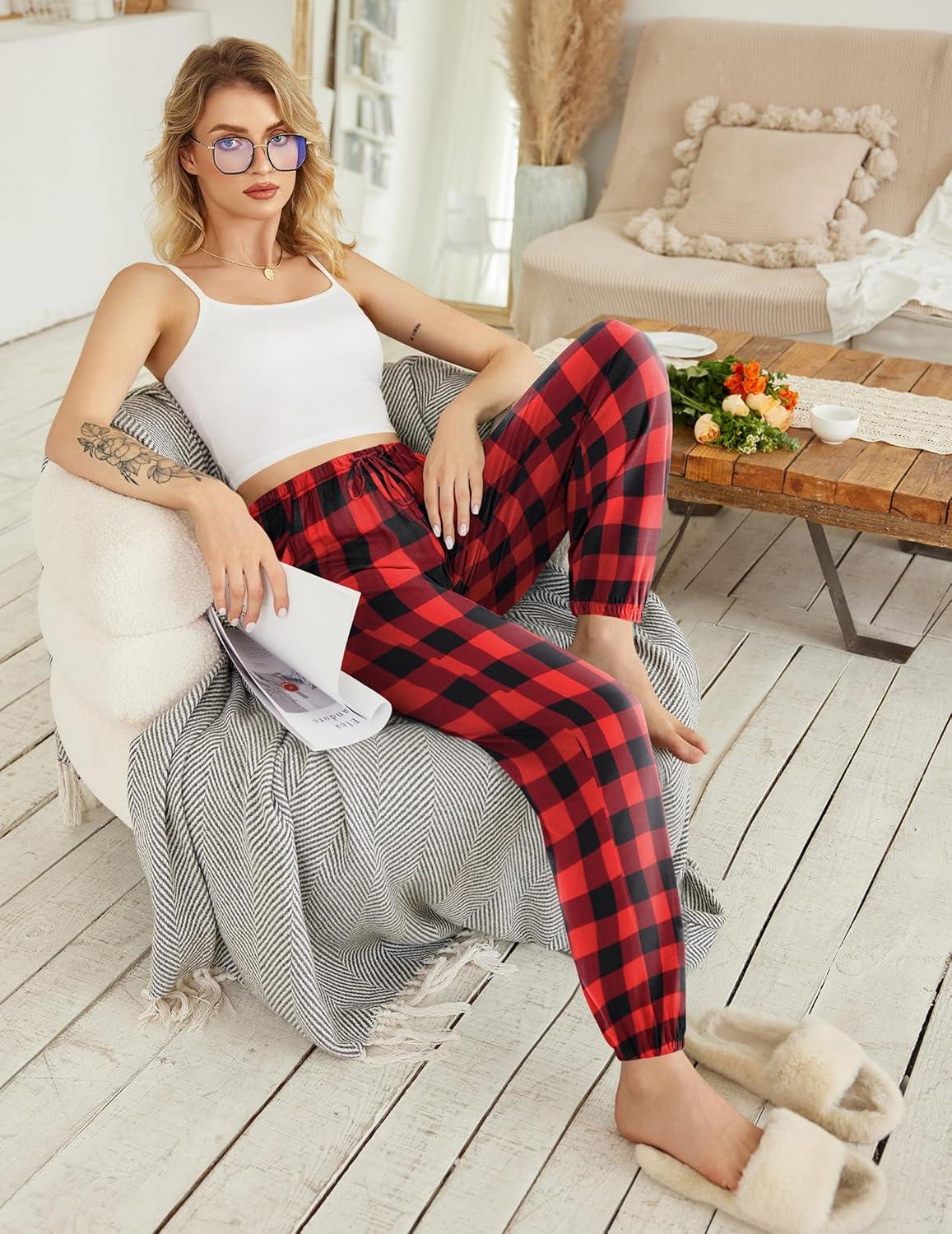 imageEkouaer Womens Jogger Pajamas Pants Comfy Long Lounge BottomDrawstring Elastic Waist Sleep Pants with PocketsAred Plaid