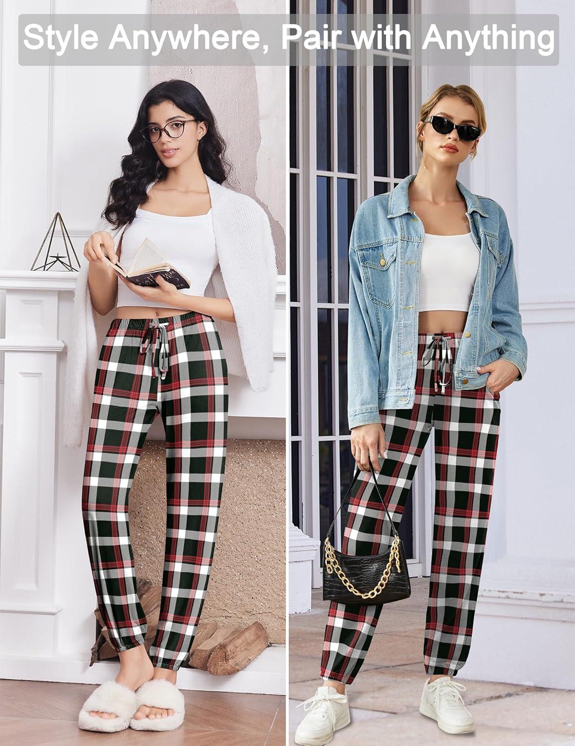 imageEkouaer Womens Jogger Pajamas Pants Comfy Long Lounge BottomDrawstring Elastic Waist Sleep Pants with PocketsBalck and Red Plaid