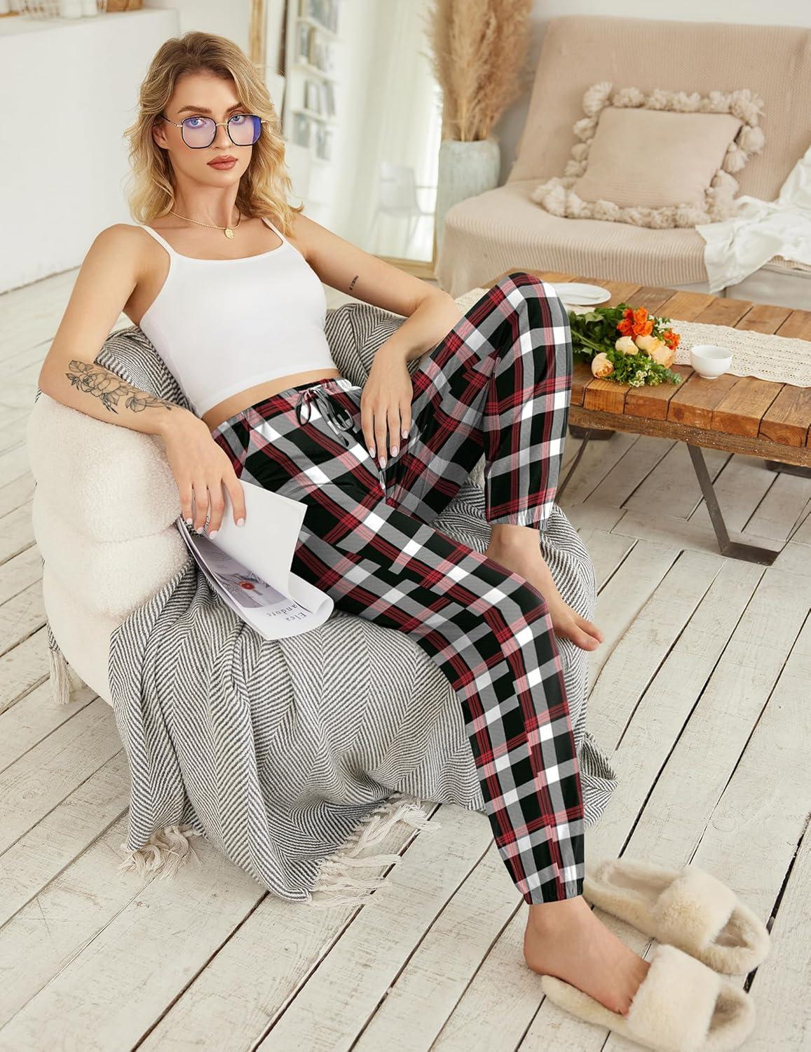 imageEkouaer Womens Jogger Pajamas Pants Comfy Long Lounge BottomDrawstring Elastic Waist Sleep Pants with PocketsBalck and Red Plaid