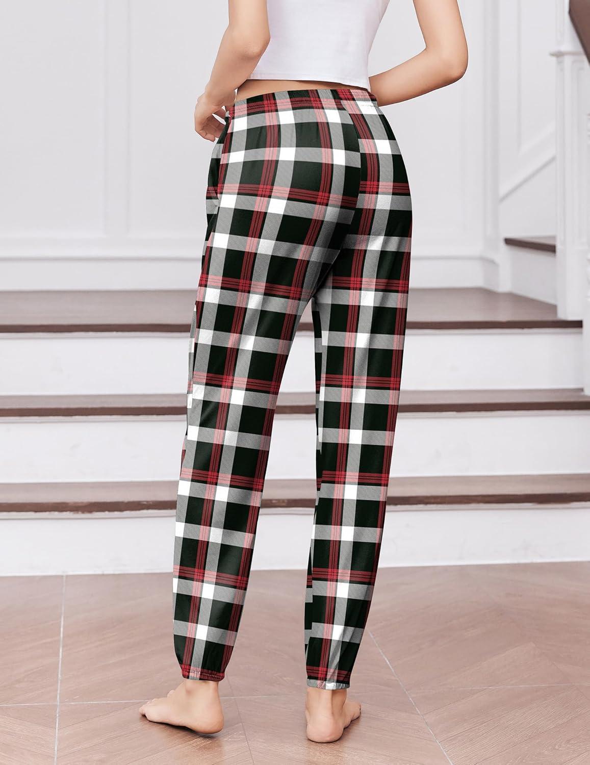 imageEkouaer Womens Jogger Pajamas Pants Comfy Long Lounge BottomDrawstring Elastic Waist Sleep Pants with PocketsBalck and Red Plaid