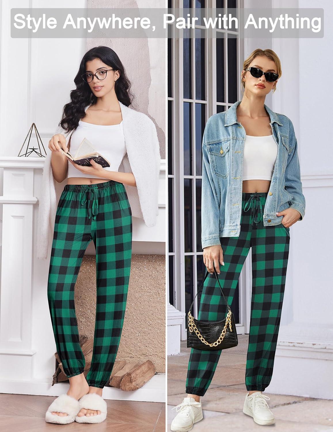 imageEkouaer Womens Jogger Pajamas Pants Comfy Long Lounge BottomDrawstring Elastic Waist Sleep Pants with PocketsBlack and Green Plaid