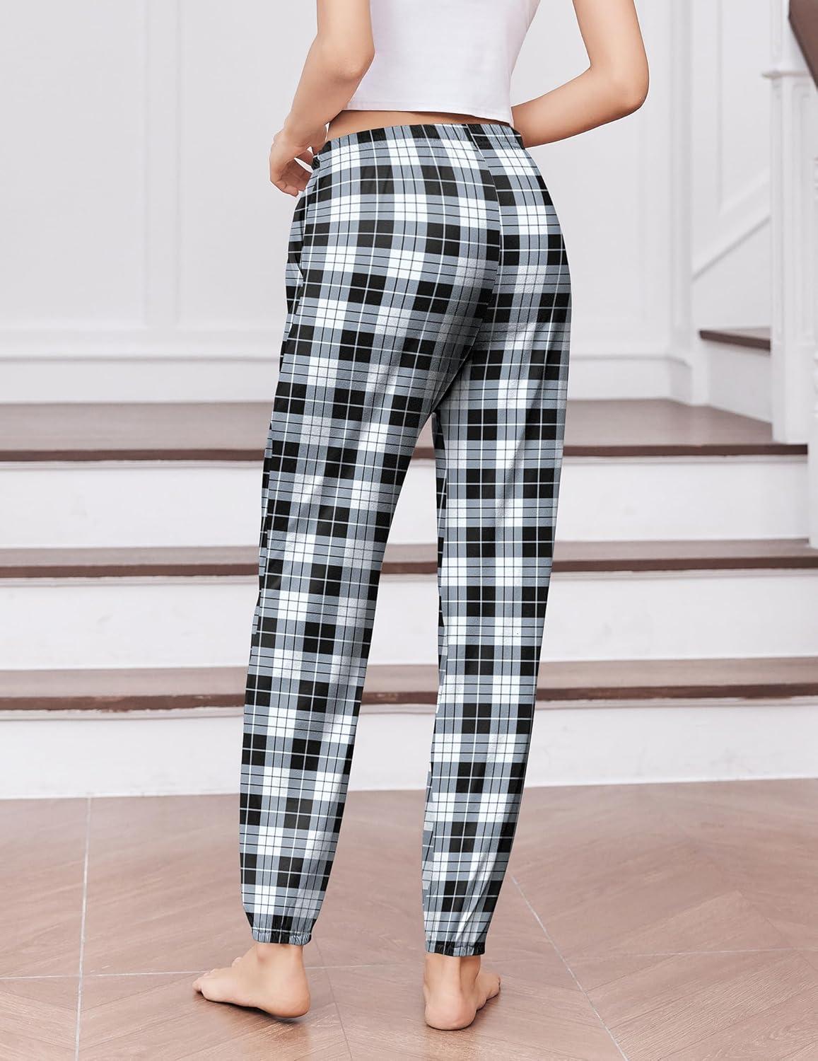 imageEkouaer Womens Jogger Pajamas Pants Comfy Long Lounge BottomDrawstring Elastic Waist Sleep Pants with PocketsBlack and White Plaid