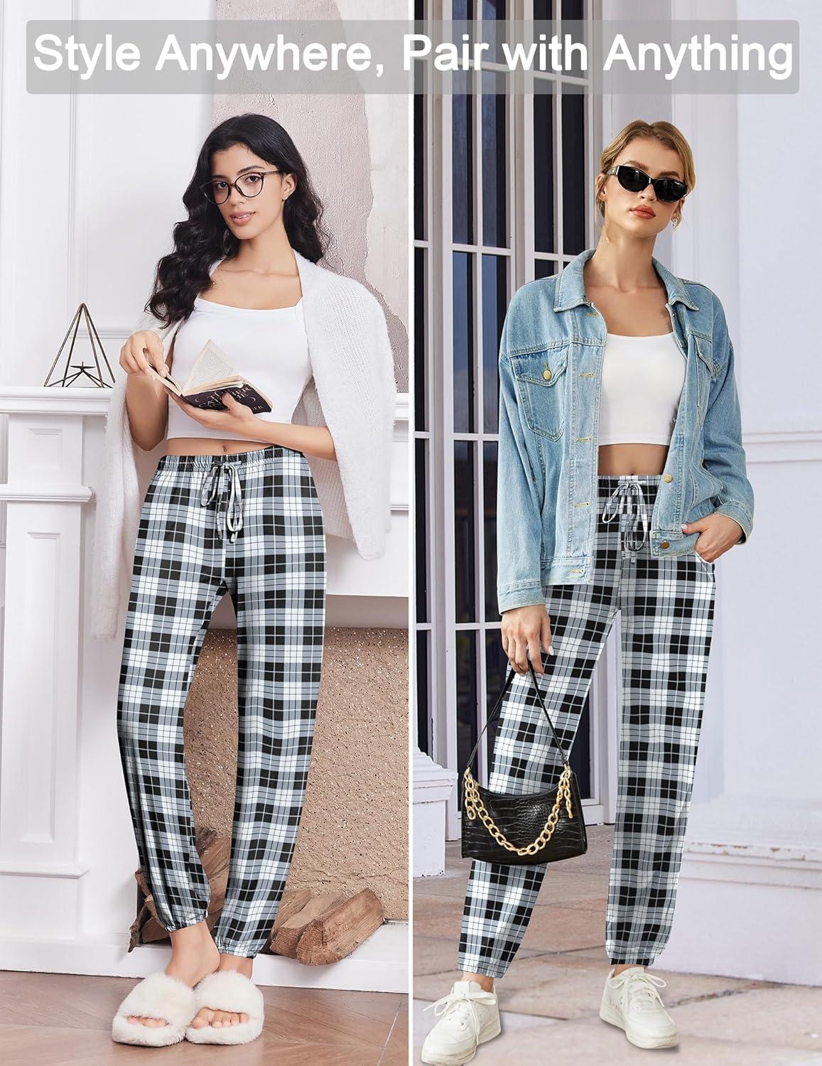 imageEkouaer Womens Jogger Pajamas Pants Comfy Long Lounge BottomDrawstring Elastic Waist Sleep Pants with PocketsBlack and White Plaid