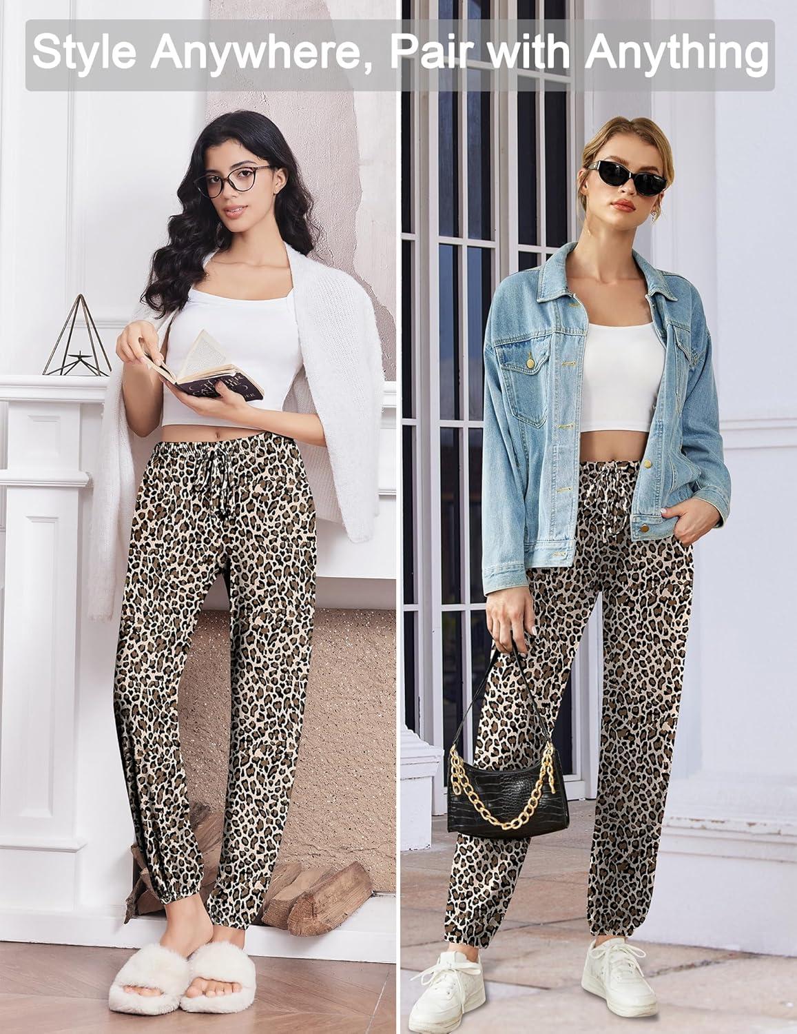 imageEkouaer Womens Jogger Pajamas Pants Comfy Long Lounge BottomDrawstring Elastic Waist Sleep Pants with PocketsBrown Leopard