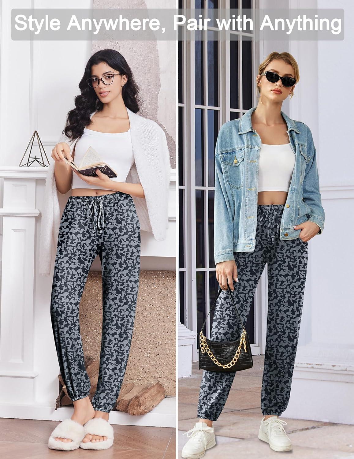 imageEkouaer Womens Jogger Pajamas Pants Comfy Long Lounge BottomDrawstring Elastic Waist Sleep Pants with PocketsCamo Leopard