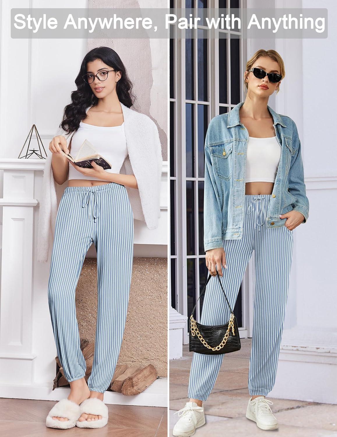 imageEkouaer Womens Jogger Pajamas Pants Comfy Long Lounge BottomDrawstring Elastic Waist Sleep Pants with PocketsGrey White Striped
