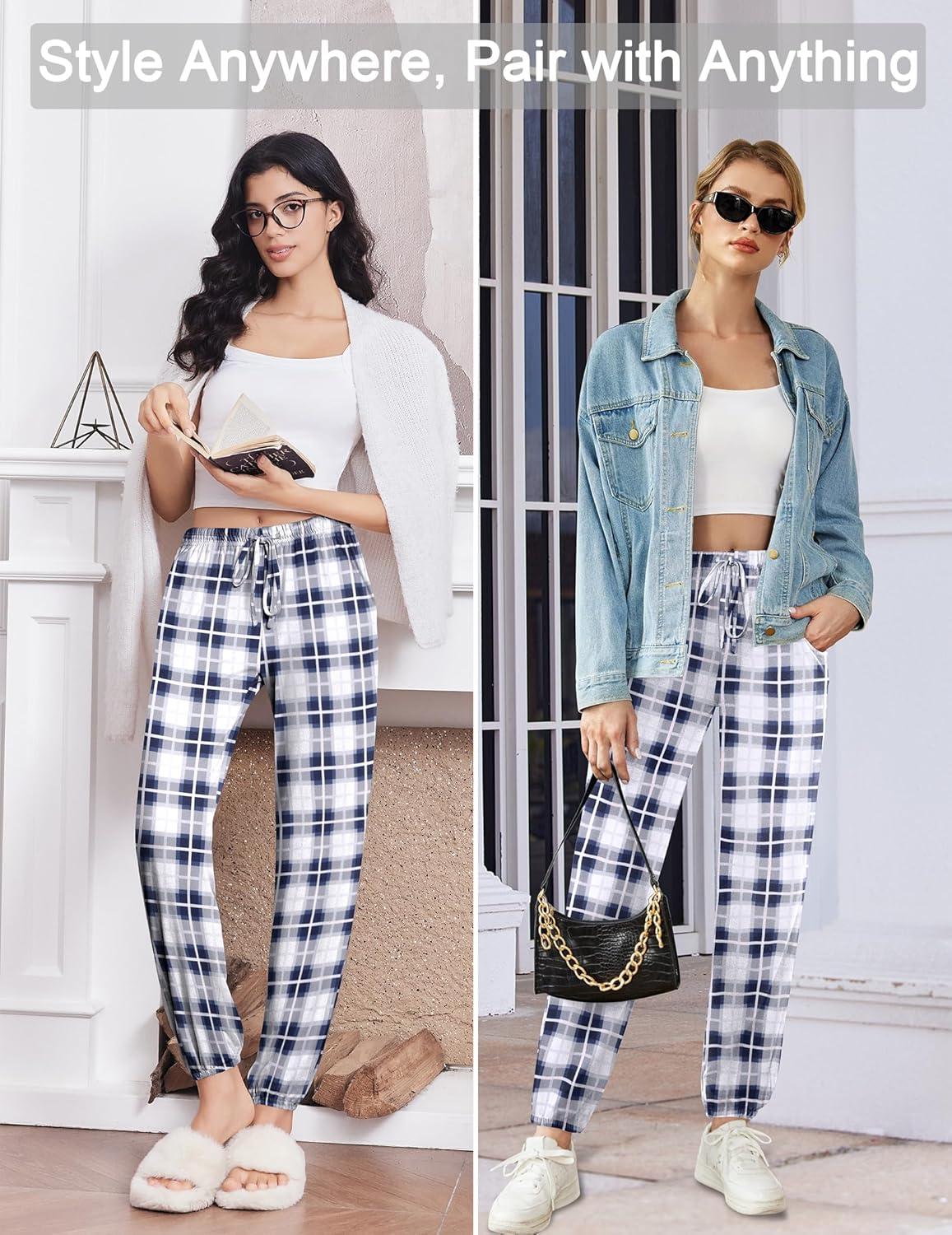 imageEkouaer Womens Jogger Pajamas Pants Comfy Long Lounge BottomDrawstring Elastic Waist Sleep Pants with PocketsNavy and White Plaid