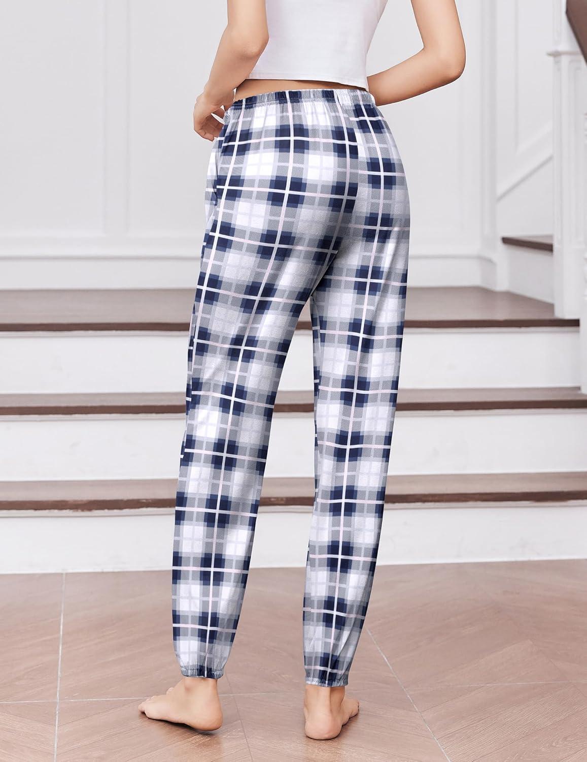 imageEkouaer Womens Jogger Pajamas Pants Comfy Long Lounge BottomDrawstring Elastic Waist Sleep Pants with PocketsNavy and White Plaid