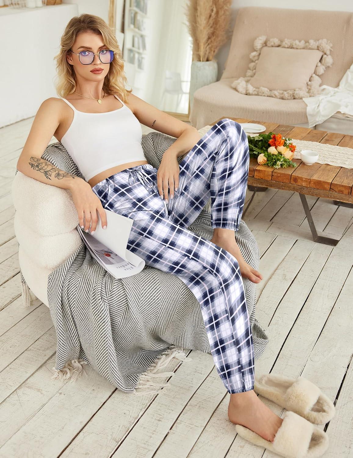 imageEkouaer Womens Jogger Pajamas Pants Comfy Long Lounge BottomDrawstring Elastic Waist Sleep Pants with PocketsNavy and White Plaid