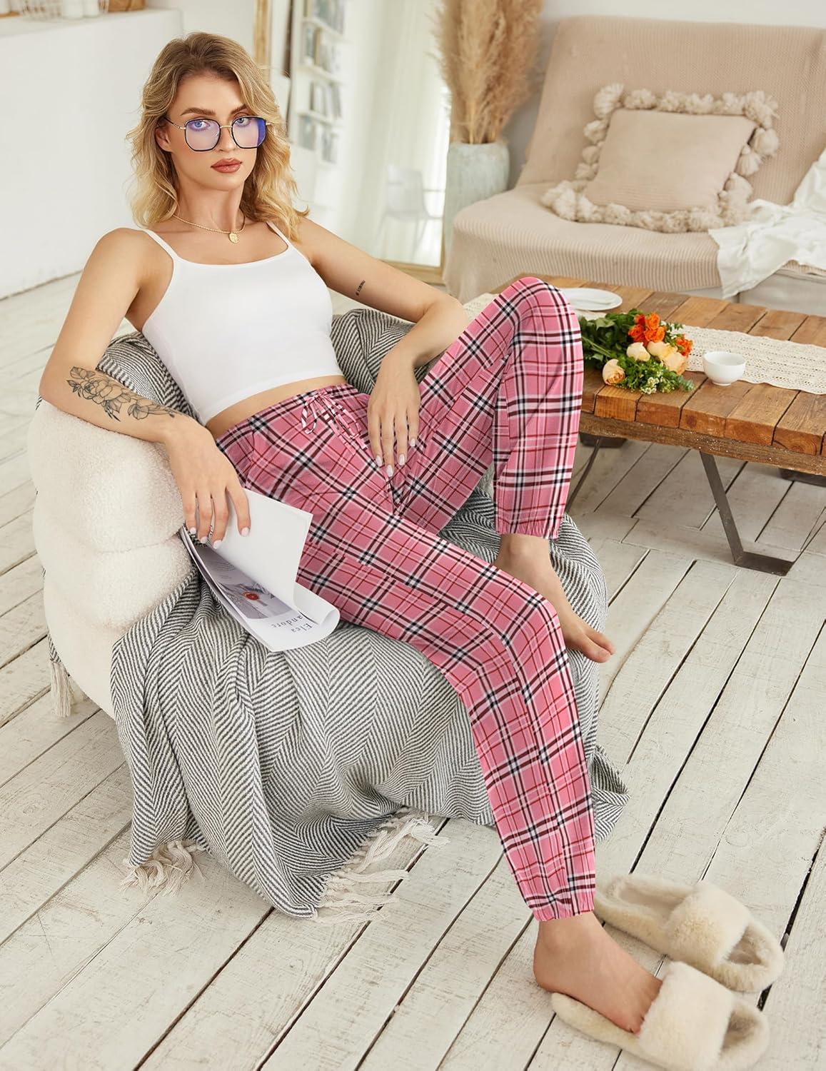 imageEkouaer Womens Jogger Pajamas Pants Comfy Long Lounge BottomDrawstring Elastic Waist Sleep Pants with PocketsPink Plaid