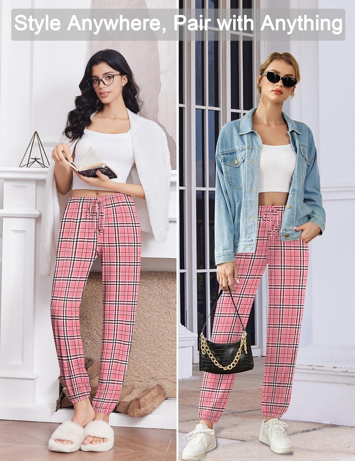 imageEkouaer Womens Jogger Pajamas Pants Comfy Long Lounge BottomDrawstring Elastic Waist Sleep Pants with PocketsPink Plaid