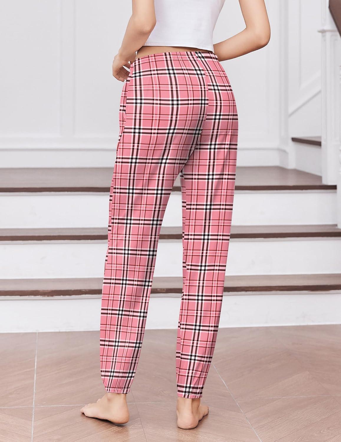 imageEkouaer Womens Jogger Pajamas Pants Comfy Long Lounge BottomDrawstring Elastic Waist Sleep Pants with PocketsPink Plaid