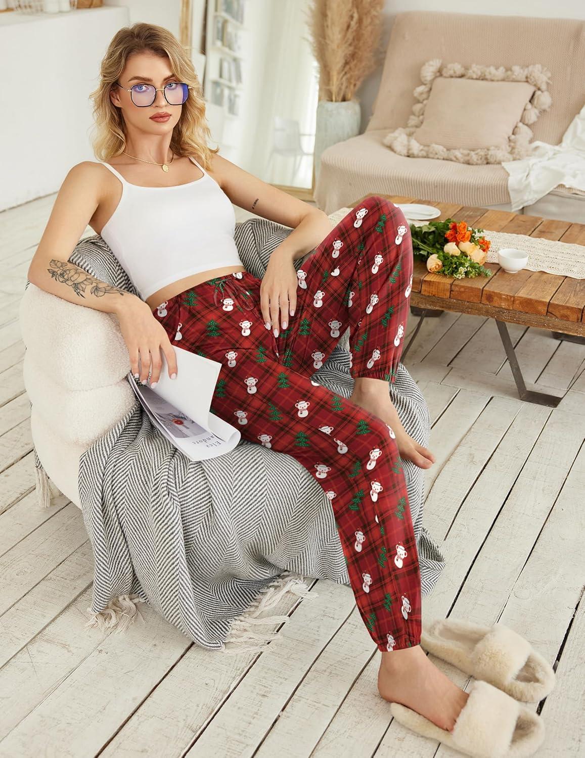imageEkouaer Womens Jogger Pajamas Pants Comfy Long Lounge BottomDrawstring Elastic Waist Sleep Pants with PocketsTeddy Plaid Red