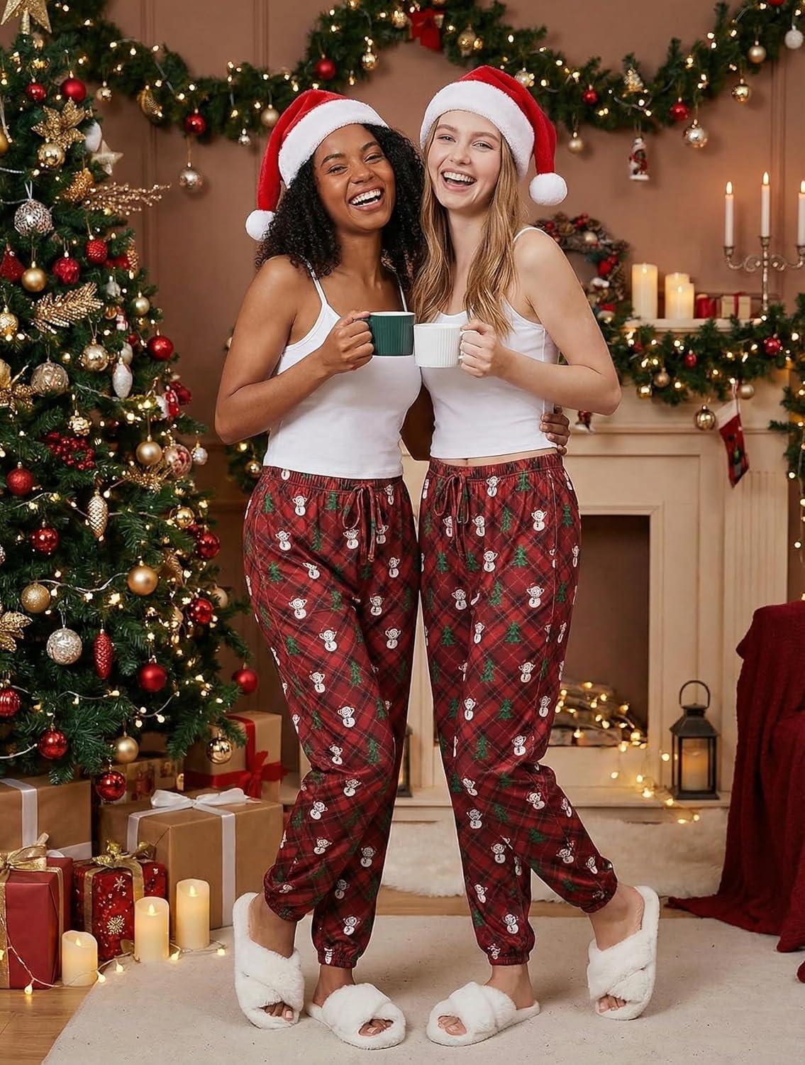 imageEkouaer Womens Jogger Pajamas Pants Comfy Long Lounge BottomDrawstring Elastic Waist Sleep Pants with PocketsTeddy Plaid Red
