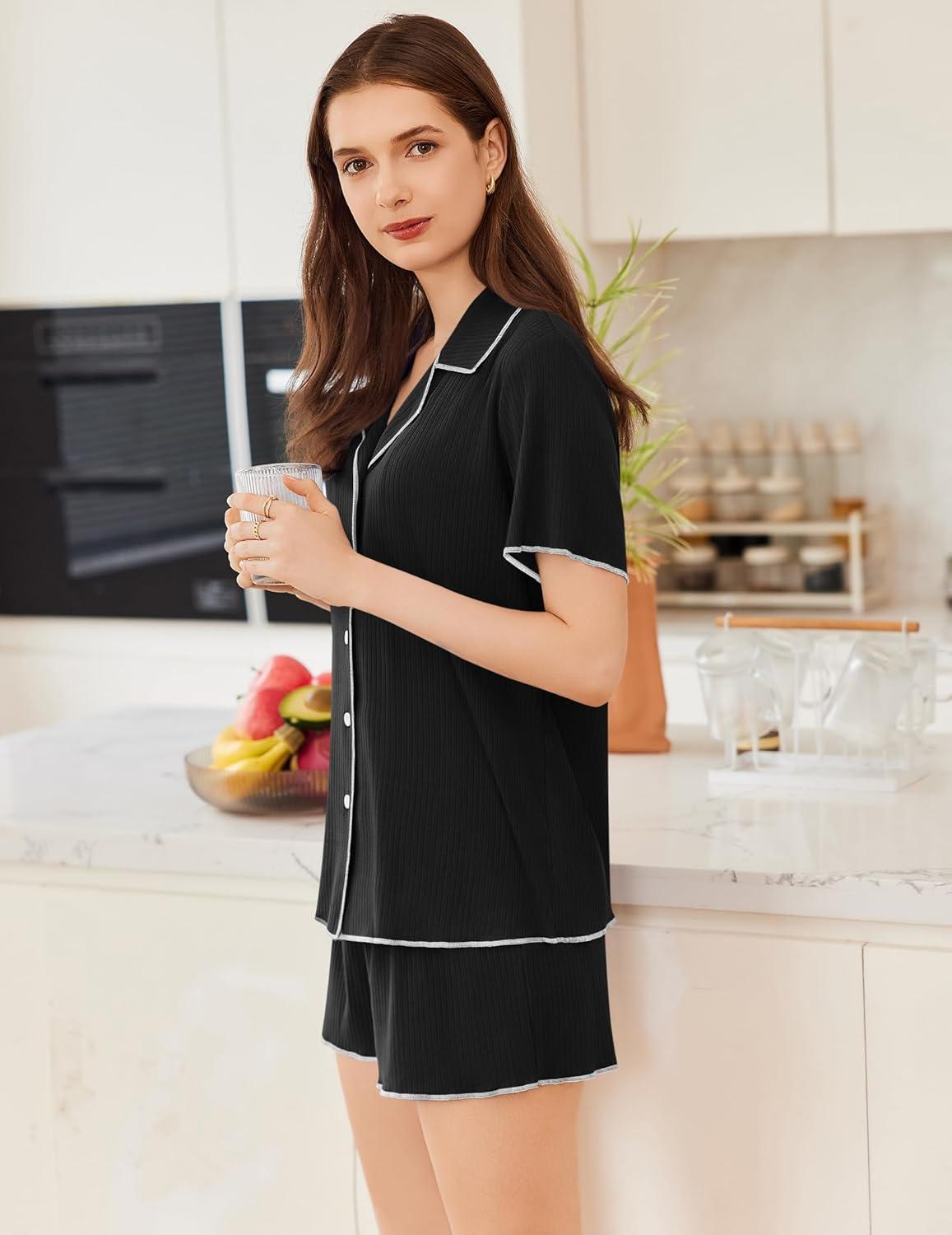 imageEkouaer Womens Ribbed Button Down Pajamas Sets 2 Piece Short Sleeve Shorts Pjs Knit Lounge SetsBlack