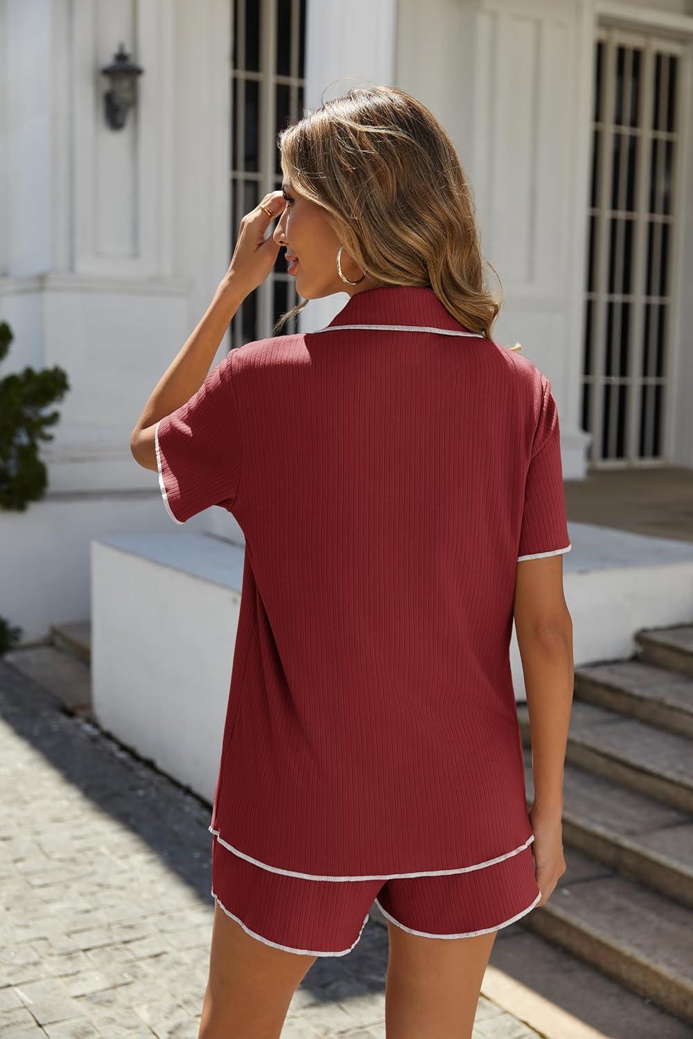 imageEkouaer Womens Ribbed Button Down Pajamas Sets 2 Piece Short Sleeve Shorts Pjs Knit Lounge SetsMaroon Red