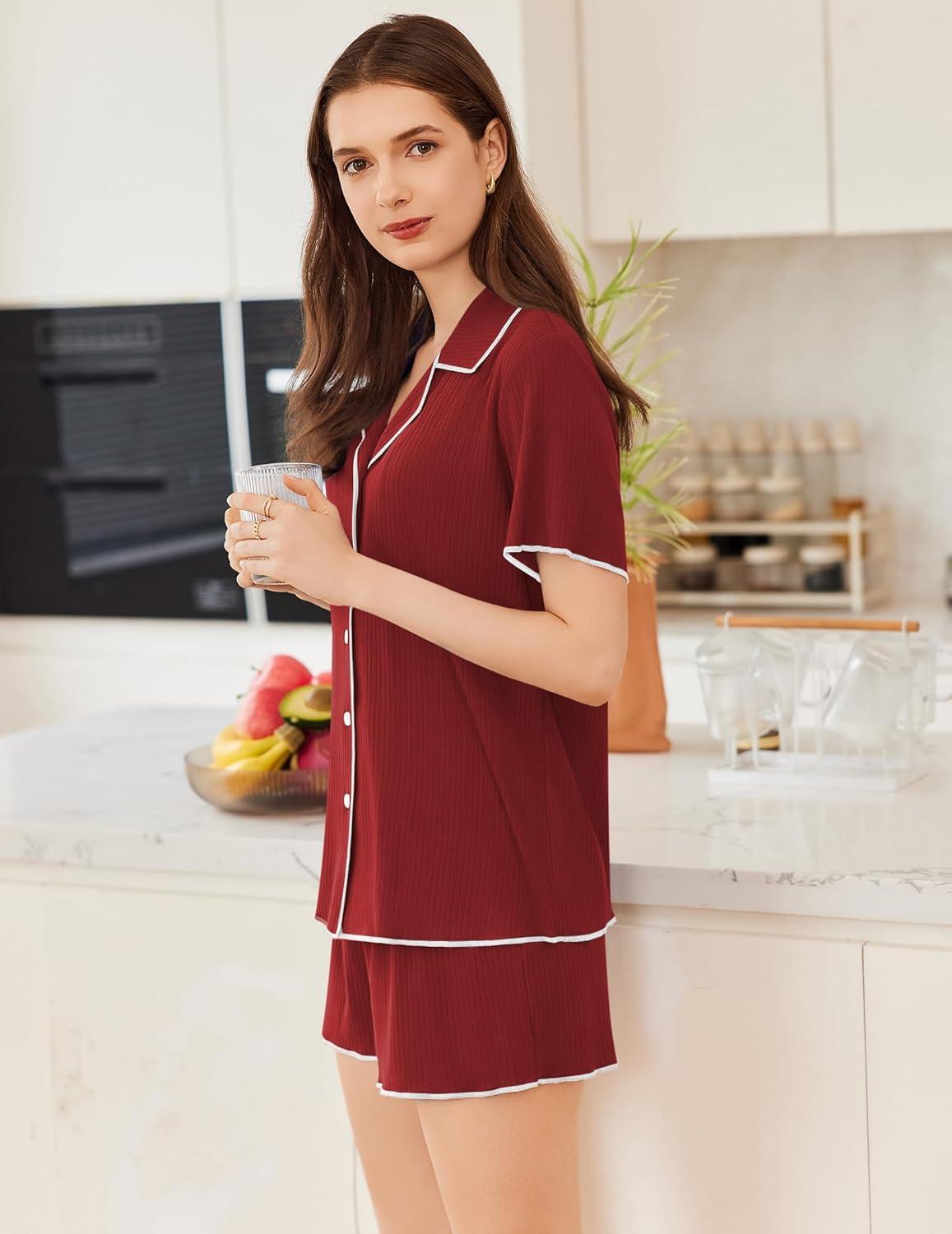 imageEkouaer Womens Ribbed Button Down Pajamas Sets 2 Piece Short Sleeve Shorts Pjs Knit Lounge SetsMaroon Red