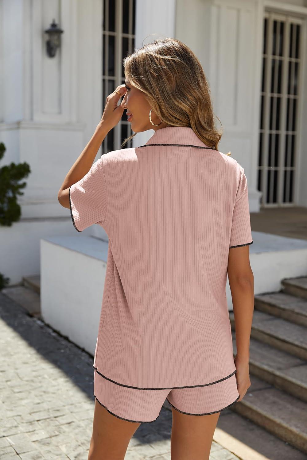 imageEkouaer Womens Ribbed Button Down Pajamas Sets 2 Piece Short Sleeve Shorts Pjs Knit Lounge SetsPeach Pink