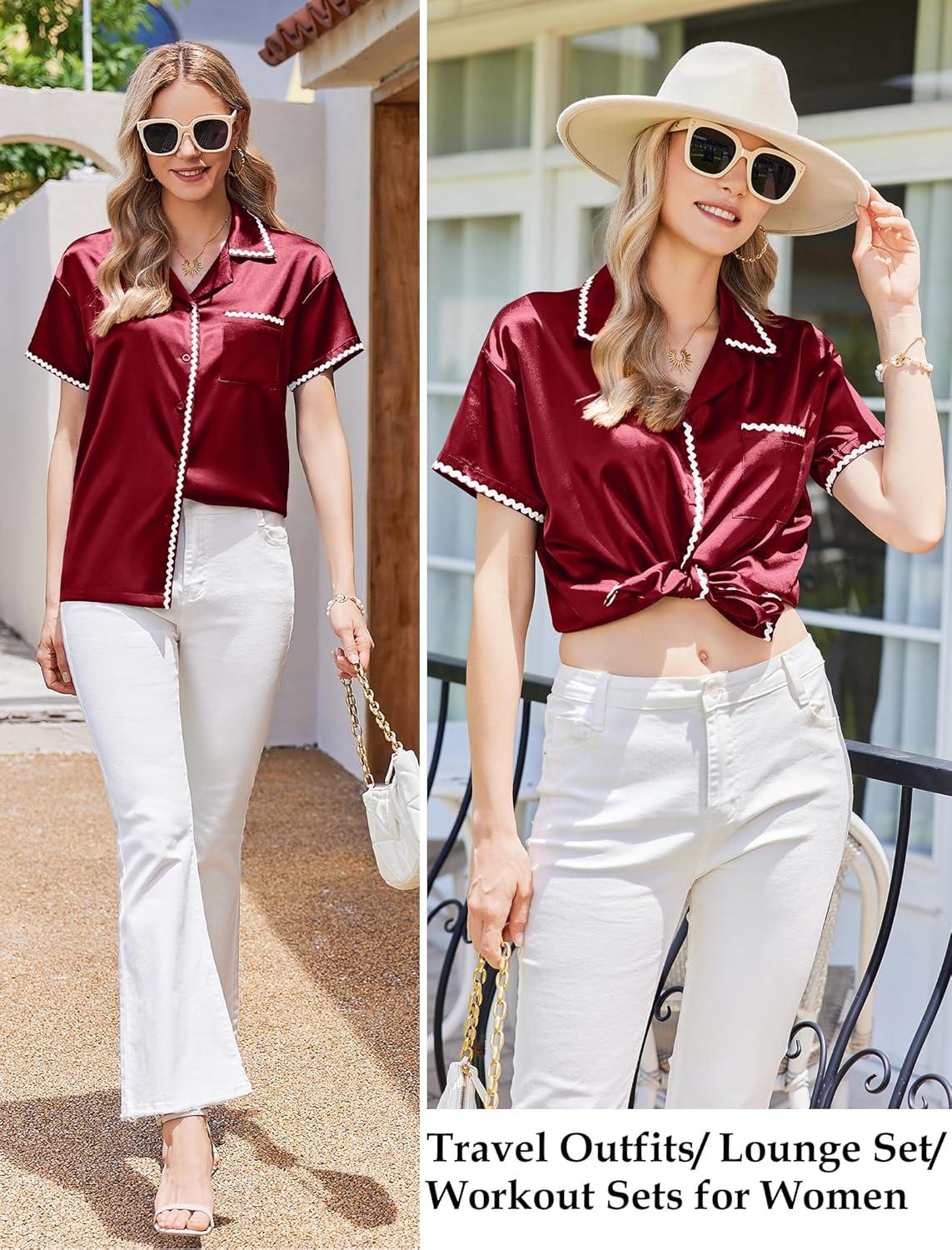 imageEkouaer Womens Silk Pajama Sets 2 Piece Satin Pj Set Button Down Shirt and Shorts Lounge Sets Classic with PocketsRed