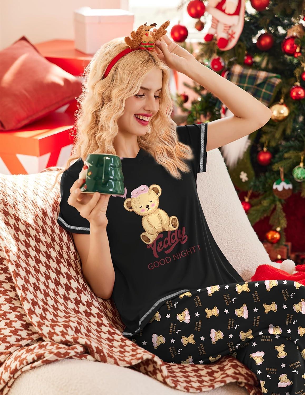 imageEkouaer Womens Sleepwear Capri Pajama Sets Short Sleeve TwoPiece Pjs V Neck Tops amp Capri Pants with Pockets S3XLBear Good Night Black