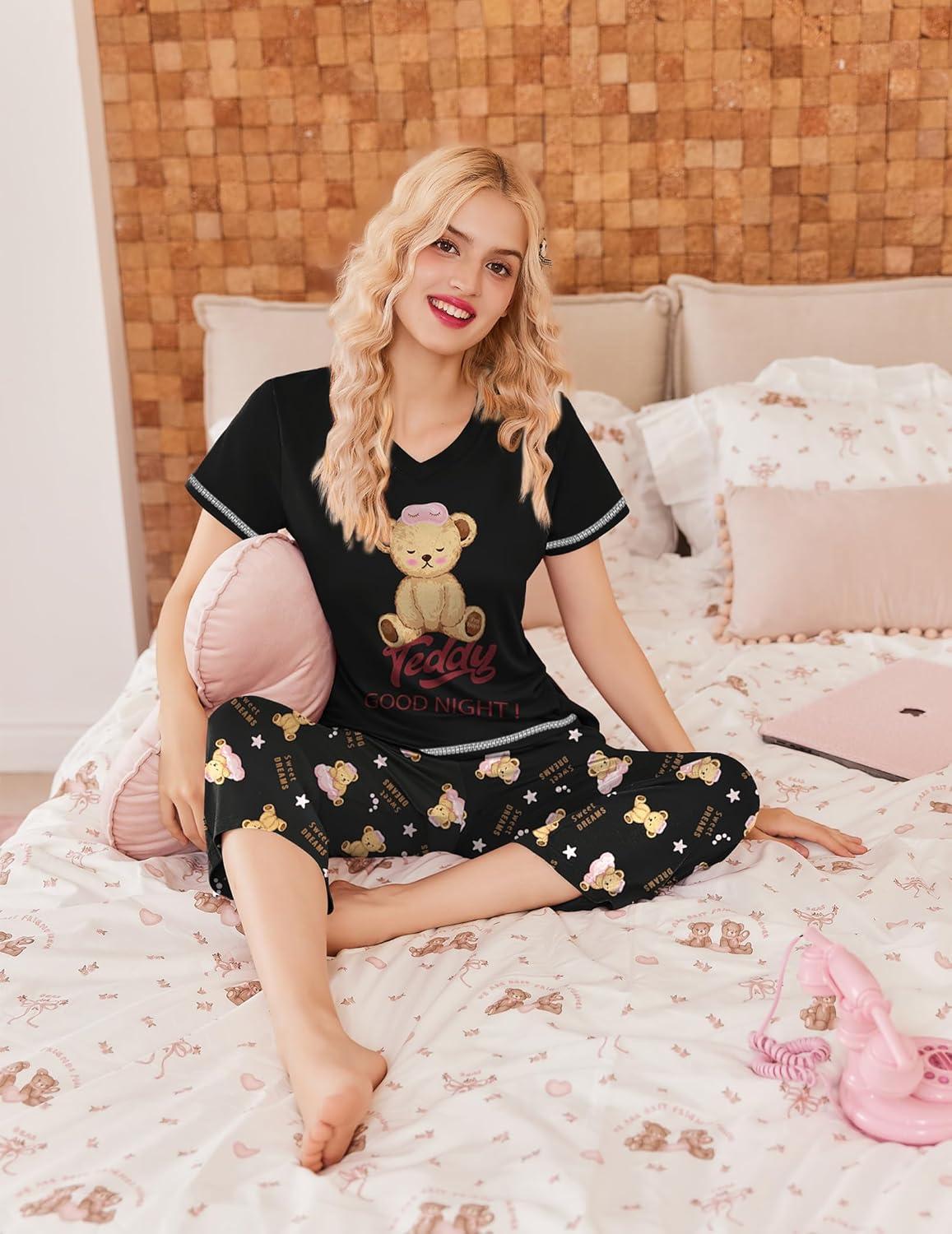 imageEkouaer Womens Sleepwear Capri Pajama Sets Short Sleeve TwoPiece Pjs V Neck Tops amp Capri Pants with Pockets S3XLBear Good Night Black
