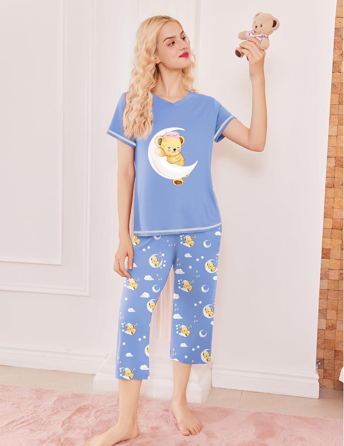imageEkouaer Womens Sleepwear Capri Pajama Sets Short Sleeve TwoPiece Pjs V Neck Tops amp Capri Pants with Pockets S3XLBear Good Night Blue