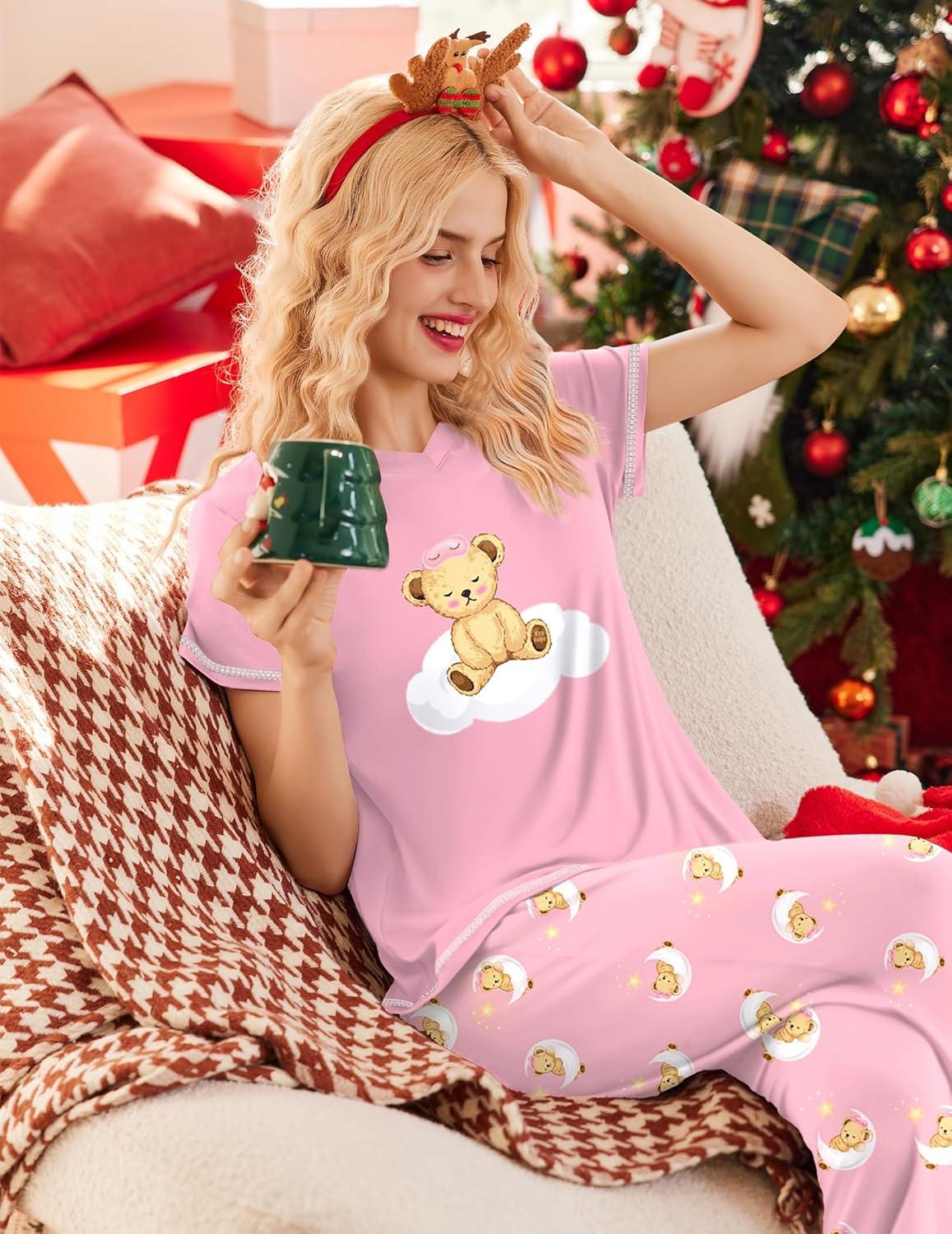 imageEkouaer Womens Sleepwear Capri Pajama Sets Short Sleeve TwoPiece Pjs V Neck Tops amp Capri Pants with Pockets S3XLBear Good Night Pink
