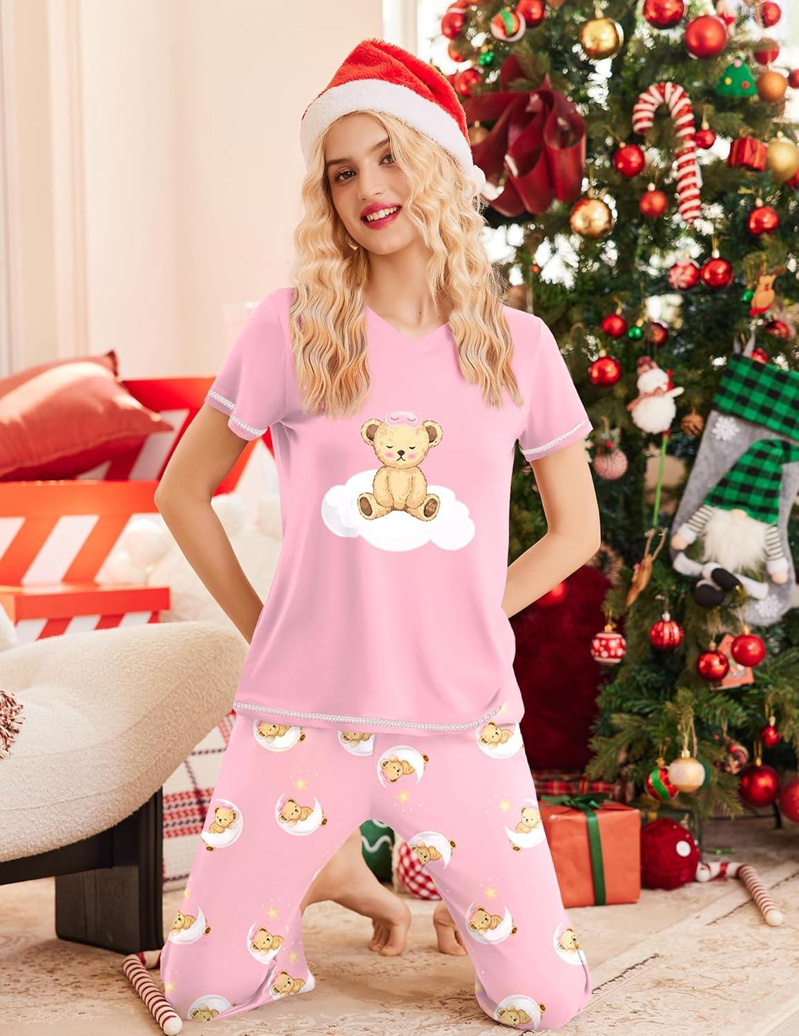 imageEkouaer Womens Sleepwear Capri Pajama Sets Short Sleeve TwoPiece Pjs V Neck Tops amp Capri Pants with Pockets S3XLBear Good Night Pink