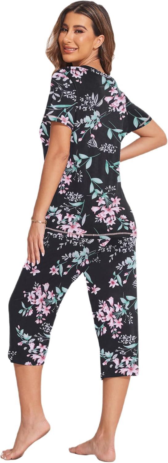 imageEkouaer Womens Sleepwear Capri Pajama Sets Short Sleeve TwoPiece Pjs V Neck Tops amp Capri Pants with Pockets S3XLBlack Small Flowers