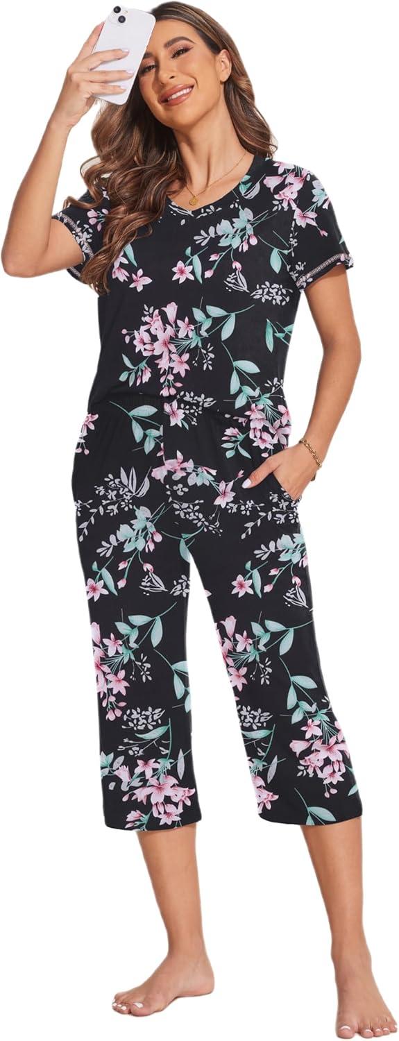 imageEkouaer Womens Sleepwear Capri Pajama Sets Short Sleeve TwoPiece Pjs V Neck Tops amp Capri Pants with Pockets S3XLBlack Small Flowers