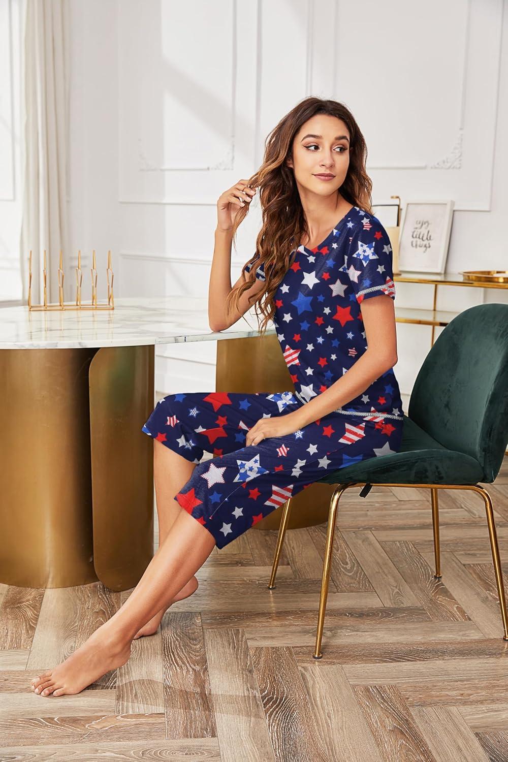 imageEkouaer Womens Sleepwear Capri Pajama Sets Short Sleeve TwoPiece Pjs V Neck Tops amp Capri Pants with Pockets S3XLBlue America Stars