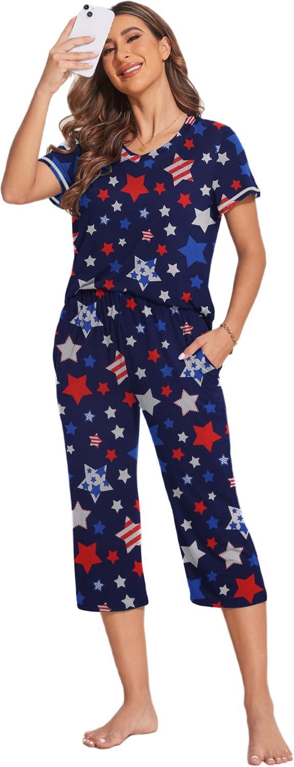 imageEkouaer Womens Sleepwear Capri Pajama Sets Short Sleeve TwoPiece Pjs V Neck Tops amp Capri Pants with Pockets S3XLBlue America Stars