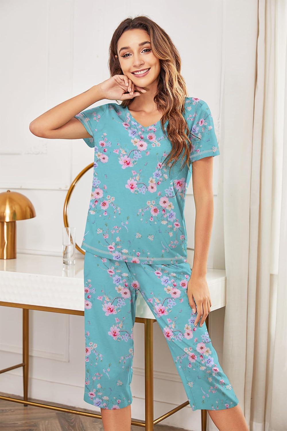 imageEkouaer Womens Sleepwear Capri Pajama Sets Short Sleeve TwoPiece Pjs V Neck Tops amp Capri Pants with Pockets S3XLBlue Green Small Flowers