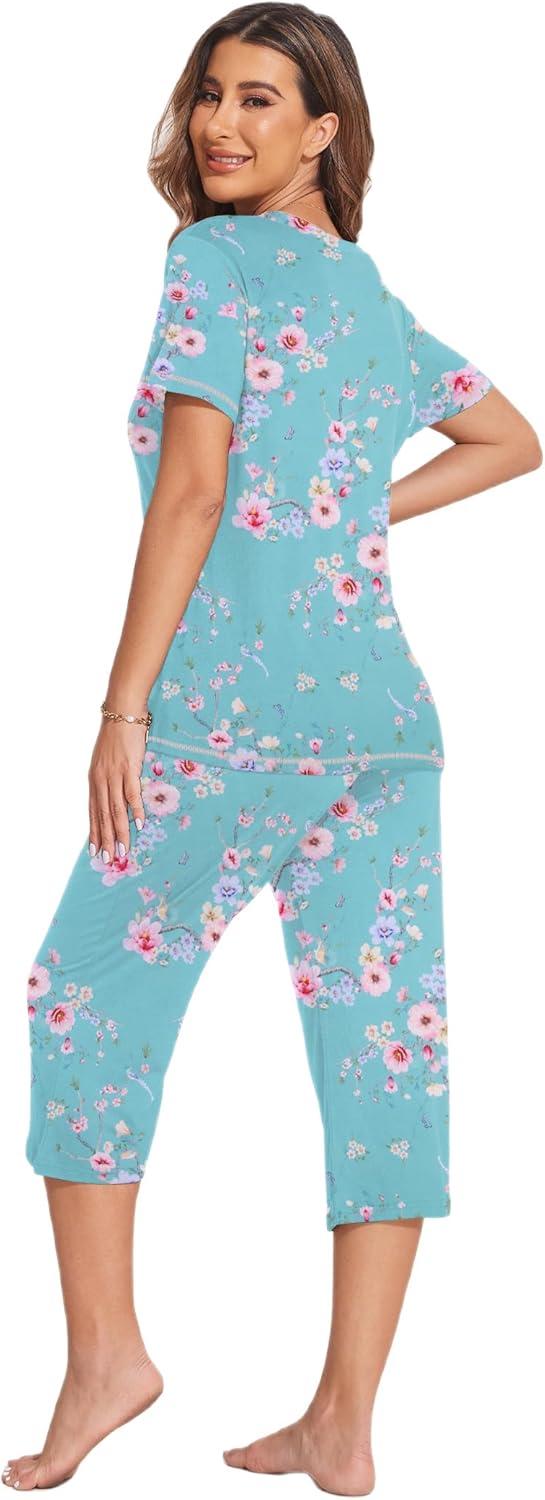 imageEkouaer Womens Sleepwear Capri Pajama Sets Short Sleeve TwoPiece Pjs V Neck Tops amp Capri Pants with Pockets S3XLBlue Green Small Flowers