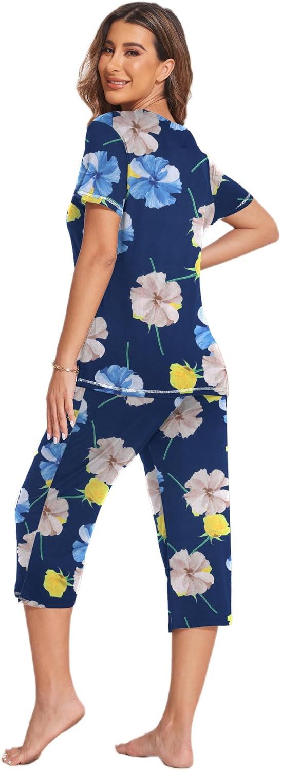 imageEkouaer Womens Sleepwear Capri Pajama Sets Short Sleeve TwoPiece Pjs V Neck Tops amp Capri Pants with Pockets S3XLBlue Khaki Flowers
